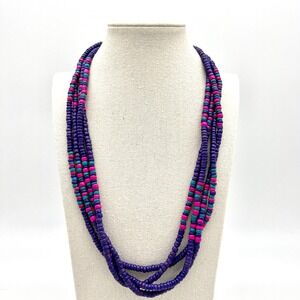 Vintage Beaded‎ Necklace Purple Pink Teal Wood Boho Hippie Layered Statement